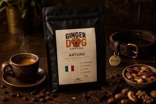 A bag of Ginger Dog Coffee "Arturo" medium-dark roast coffee stands on a dark wooden table beside a steaming cup of coffee. Pieces of dark chocolate, mixed nuts, and scattered coffee beans surround the bag, reflecting the coffee’s bold dark cocoa and nutty flavour profile. In the background, a dog collar with an "Arturo" tag rests on the table, while warm, low lighting creates a rich and cosy atmosphere.