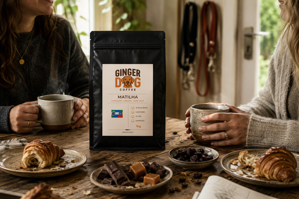 A bag of Ginger Dog Coffee "Matilha" medium roast coffee is displayed on a rustic wooden table between two people holding mugs of coffee. Plates of pastries, a dish of dried fruit, and a selection of chocolate and caramel pieces surround the coffee bag, highlighting the flavour notes. In the background, dog leads hang by a door, while natural light and indoor plants create a warm, welcoming café-style atmosphere.