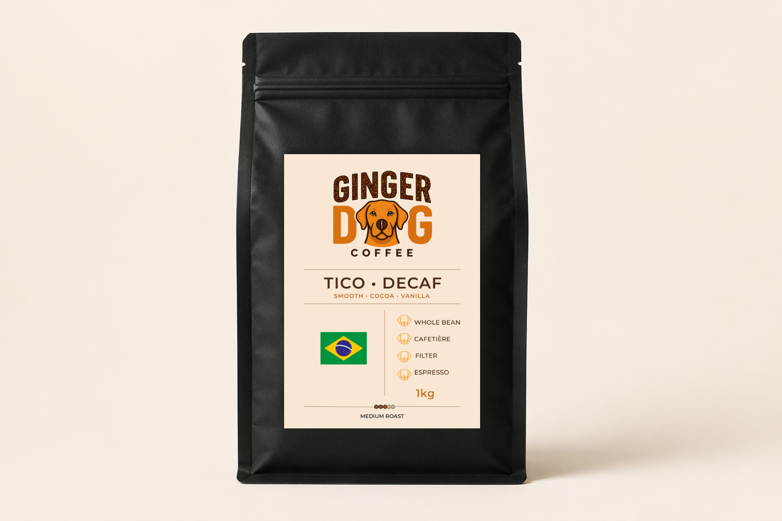 Tico Decaf speciality coffee beans by Ginger Dog Coffee in a 1kg black bag with Brazilian origin label and medium roast.
